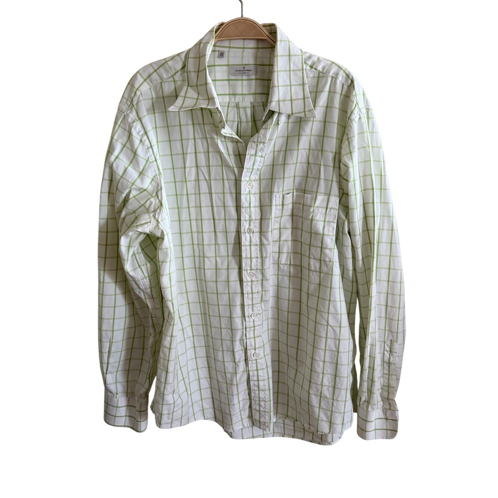 Ermenegildo Zegna Soft‎ Mens White Lime Green Windowpane Check Cotton Shirt 41 L
